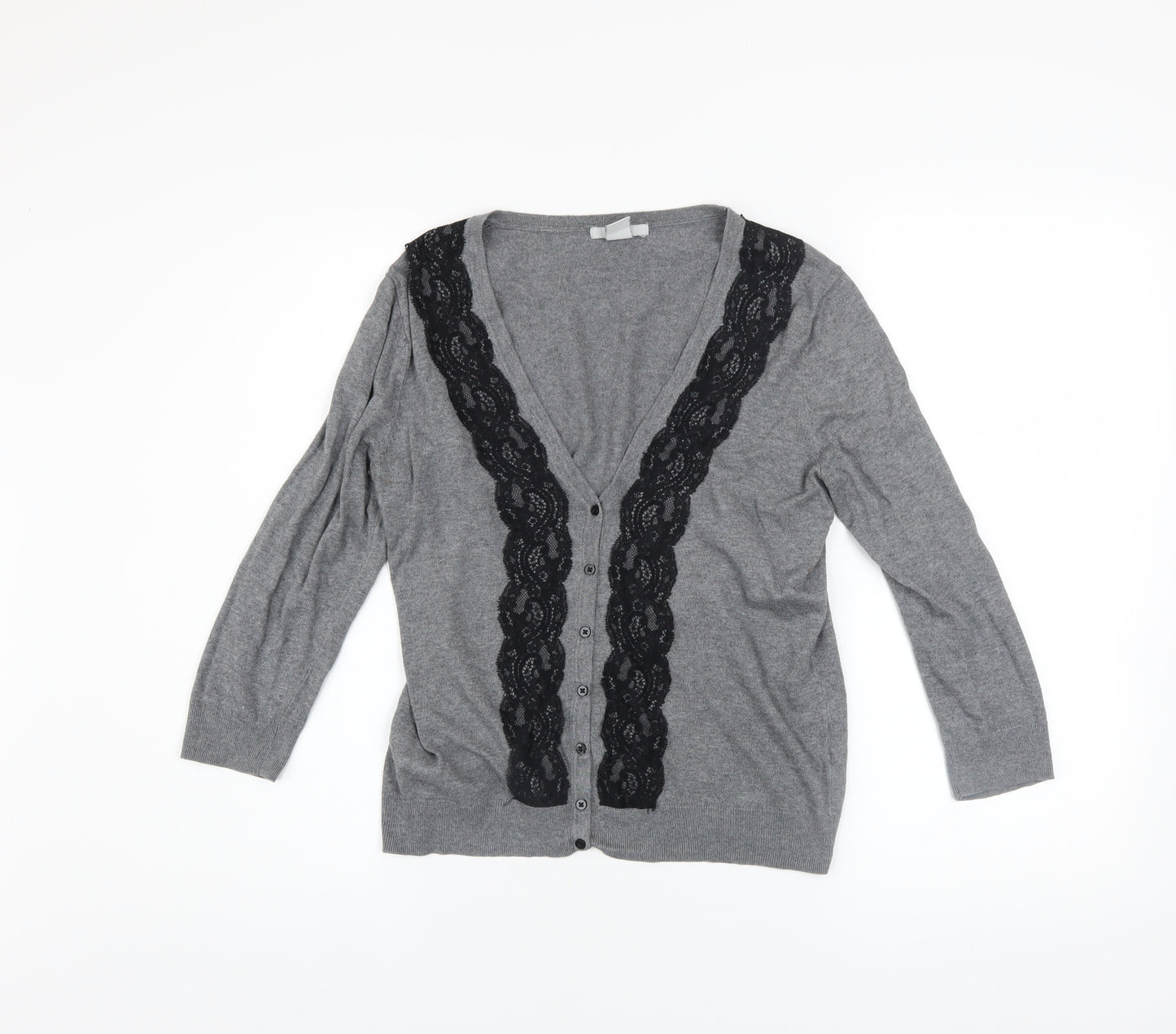 H&M Women’s Grey V-Neck Lace Trim Button Cardigan Size 8