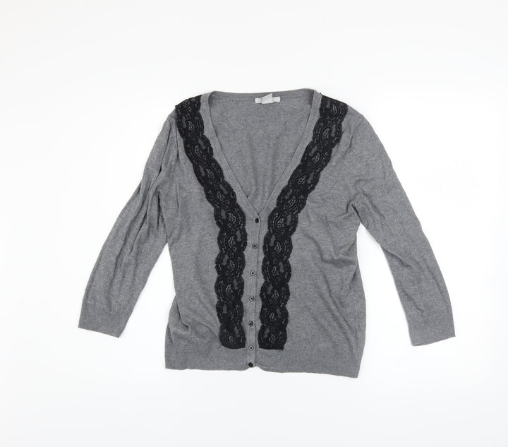 H&M Women’s Grey V-Neck Lace Trim Button Cardigan Size 8