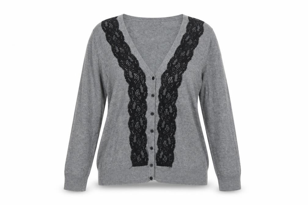 H&M Women’s Grey V-Neck Lace Trim Button Cardigan Size 8