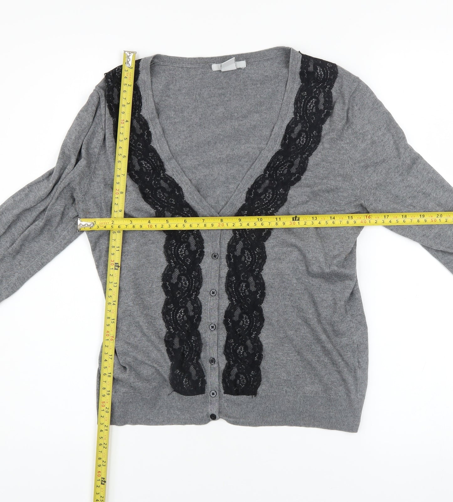 H&M Women’s Grey V-Neck Lace Trim Button Cardigan Size 8