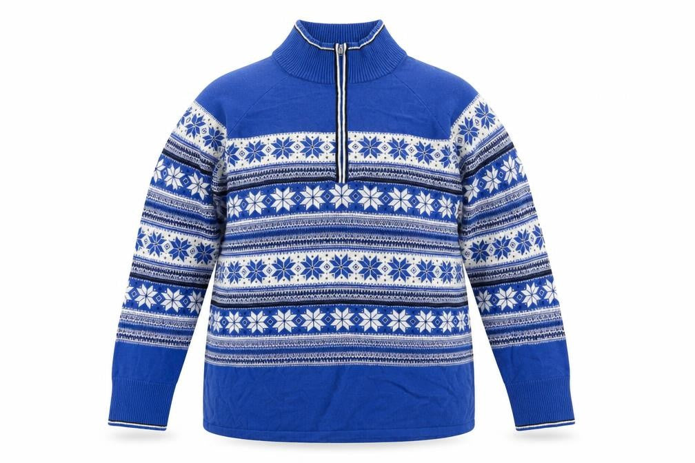 Front view of Talbots Men Blue Fair Isle 2XL Half Zip Knit Jumper