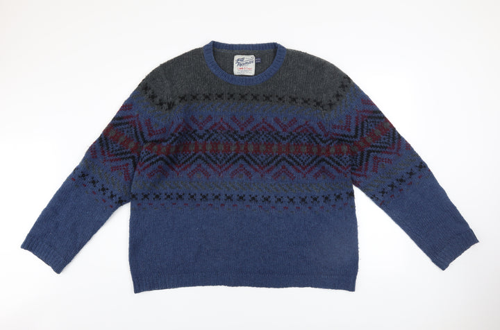 Topman Men's Blue Fair Isle Wool Blend Crew Neck Jumper XL