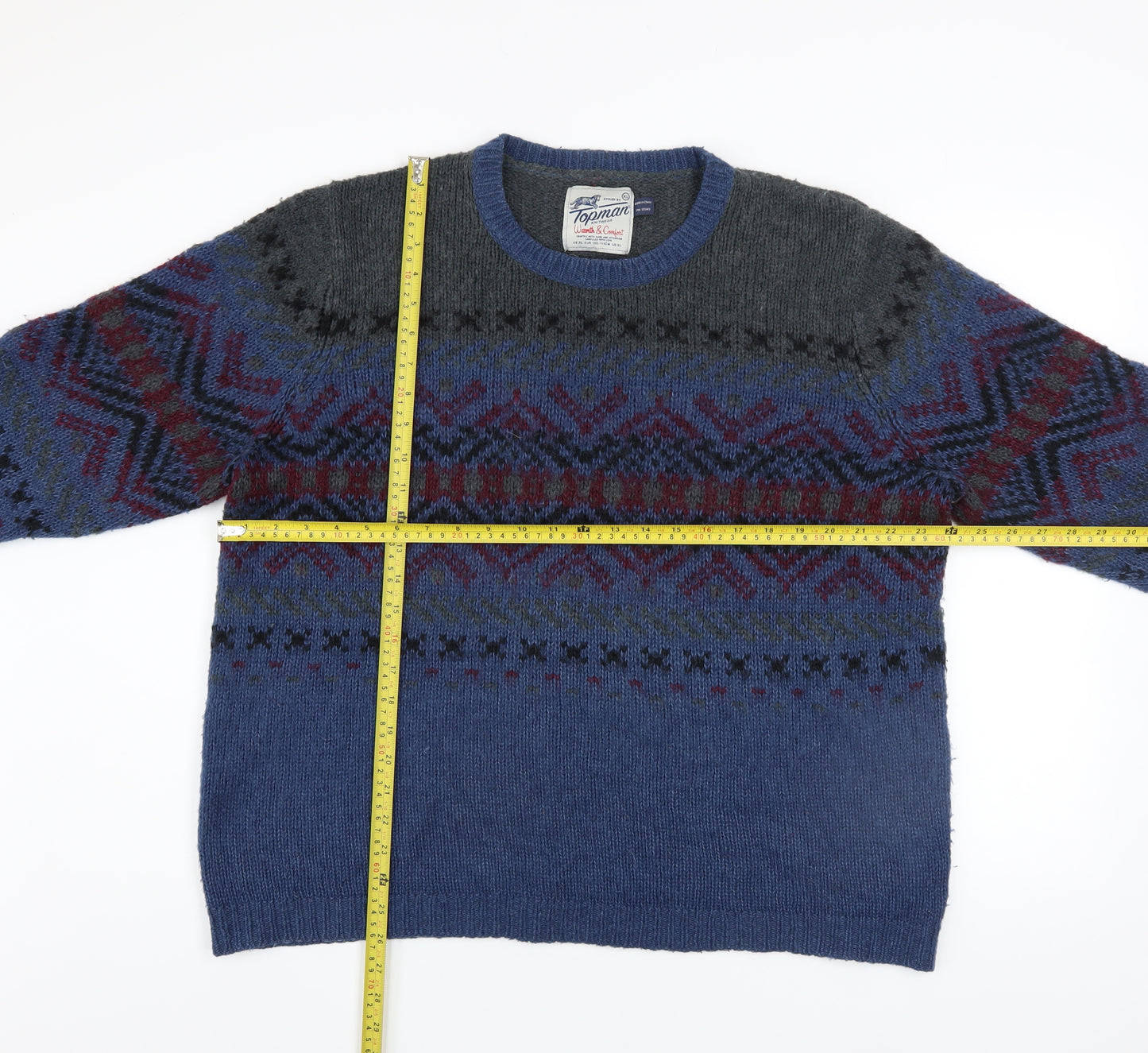 Topman Men's Blue Fair Isle Wool Blend Crew Neck Jumper XL