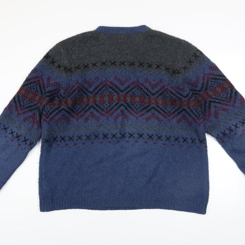 Topman Men's Blue Fair Isle Wool Blend Crew Neck Jumper XL