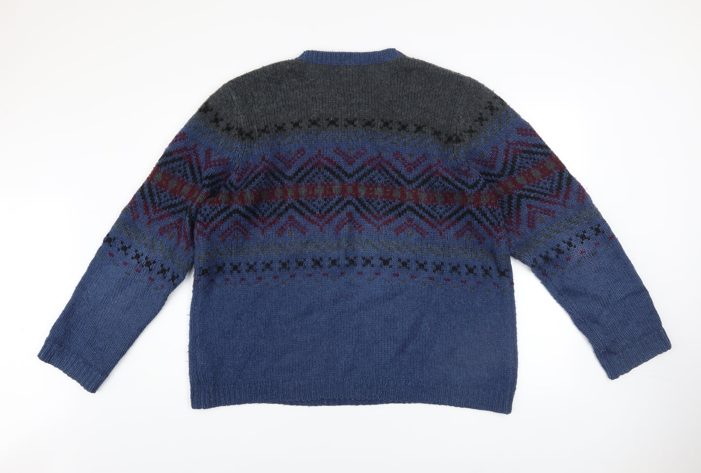 Topman Men's Blue Fair Isle Wool Blend Crew Neck Jumper XL