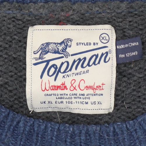 Topman Men's Blue Fair Isle Wool Blend Crew Neck Jumper XL