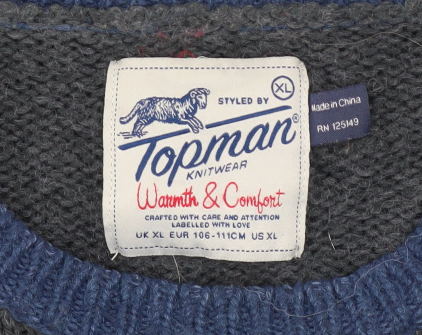 Topman Men's Blue Fair Isle Wool Blend Crew Neck Jumper XL