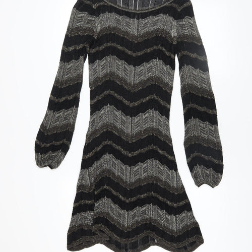 Oasis Women Black Chevron Knit A-Line Dress XS Long Sleeve