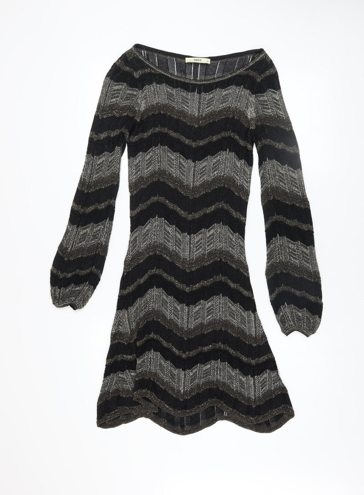 Oasis Women Black Chevron Knit A-Line Dress XS Long Sleeve