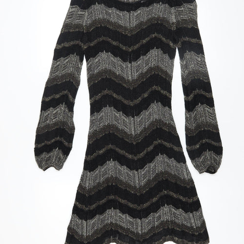 Oasis Women Black Chevron Knit A-Line Dress XS Long Sleeve