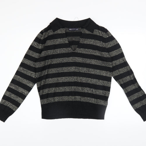 Marks and Spencer Womens Black Striped V-Neck Metallic Knit Jumper Size M