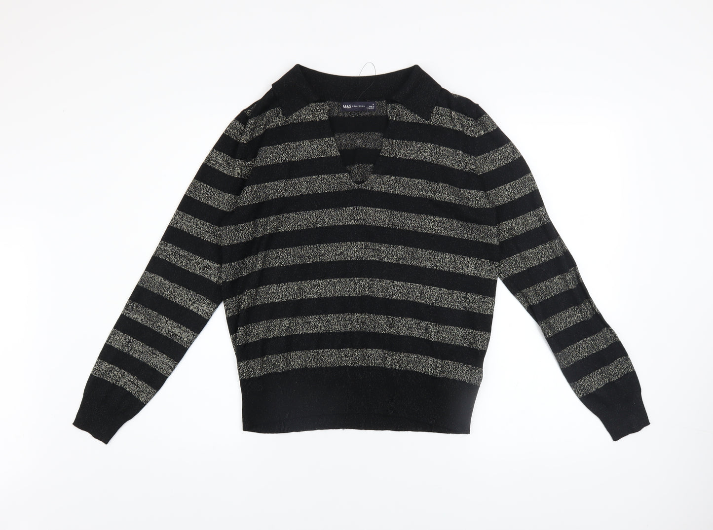 Marks and Spencer Womens Black Striped V-Neck Metallic Knit Jumper Size M