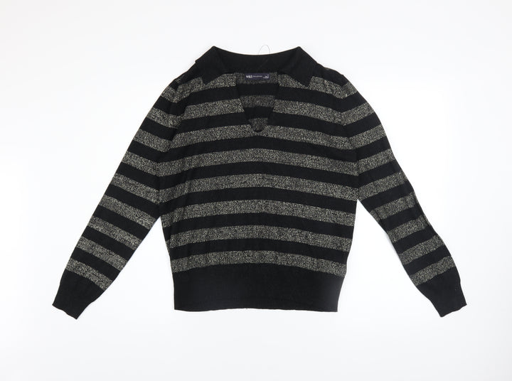 Marks and Spencer Womens Black Striped V-Neck Metallic Knit Jumper Size M