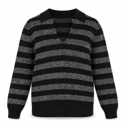 Marks and Spencer Womens Black Striped V-Neck Metallic Knit Jumper Size M