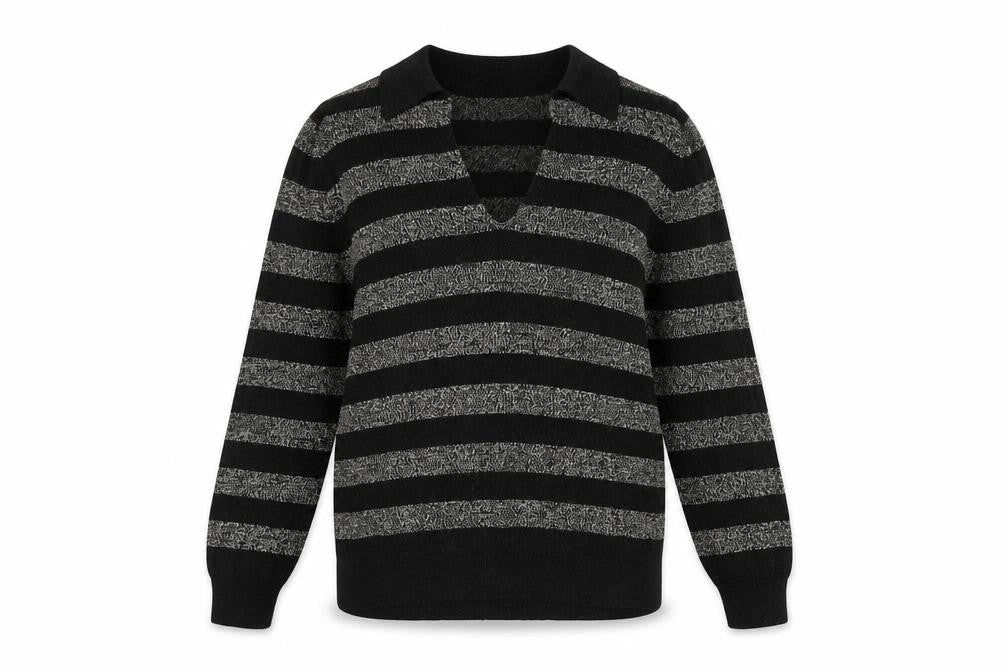 Marks and Spencer Womens Black Striped V-Neck Metallic Knit Jumper Size M