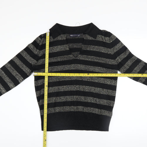 Marks and Spencer Womens Black Striped V-Neck Metallic Knit Jumper Size M