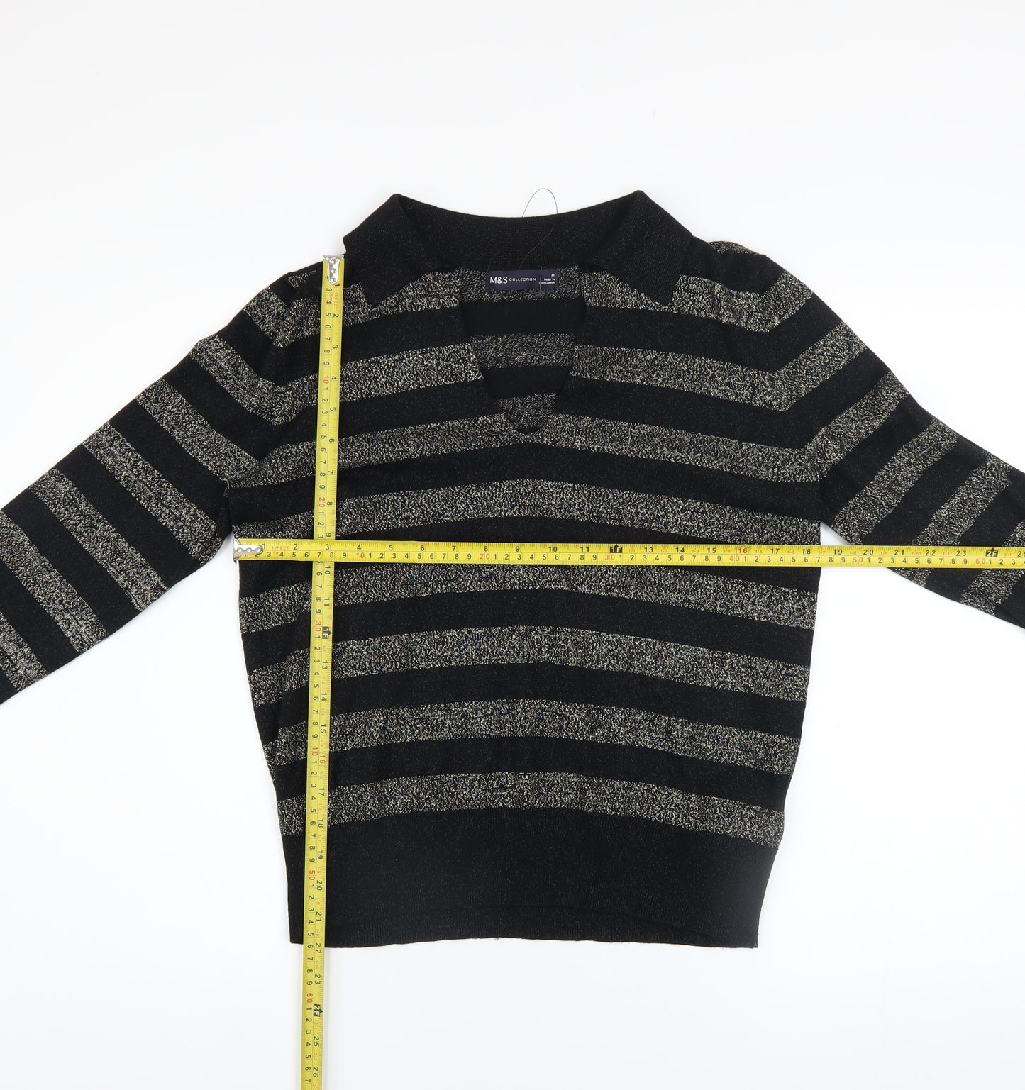 Marks and Spencer Womens Black Striped V-Neck Metallic Knit Jumper Size M