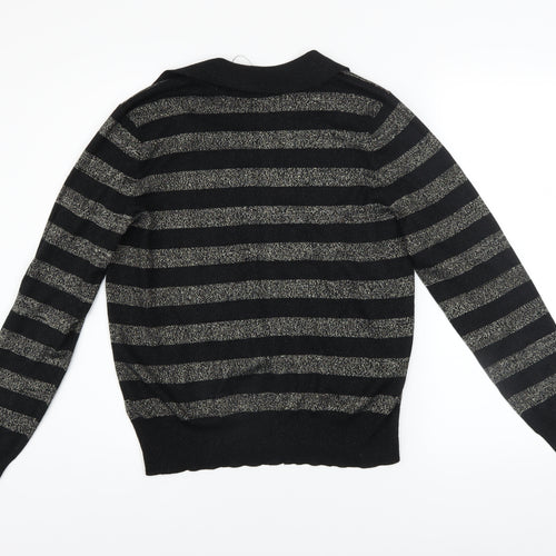 Marks and Spencer Womens Black Striped V-Neck Metallic Knit Jumper Size M