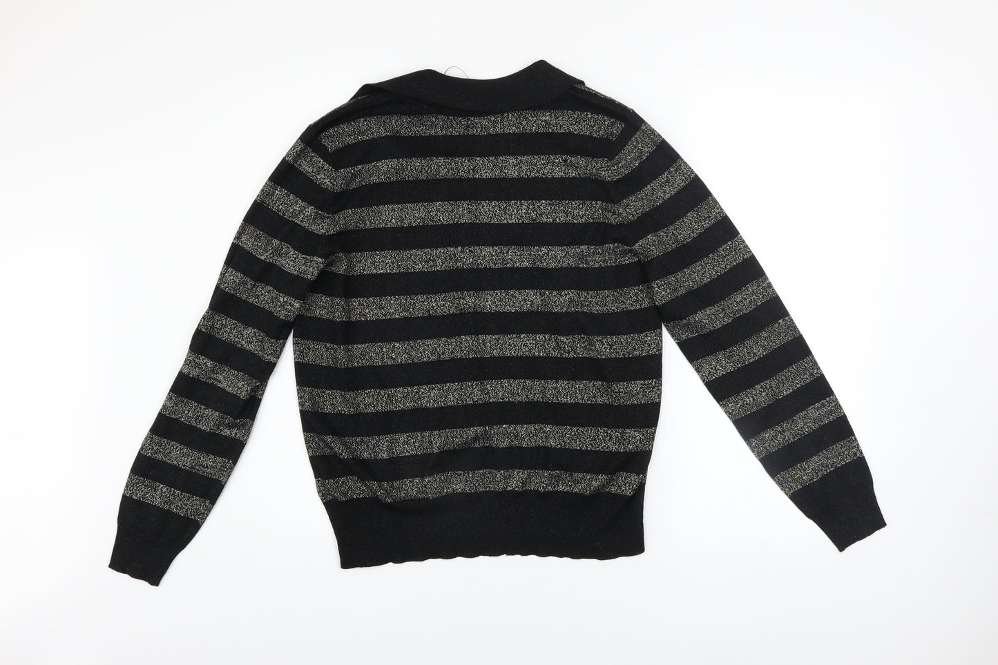 Marks and Spencer Womens Black Striped V-Neck Metallic Knit Jumper Size M
