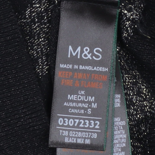 Marks and Spencer Womens Black Striped V-Neck Metallic Knit Jumper Size M