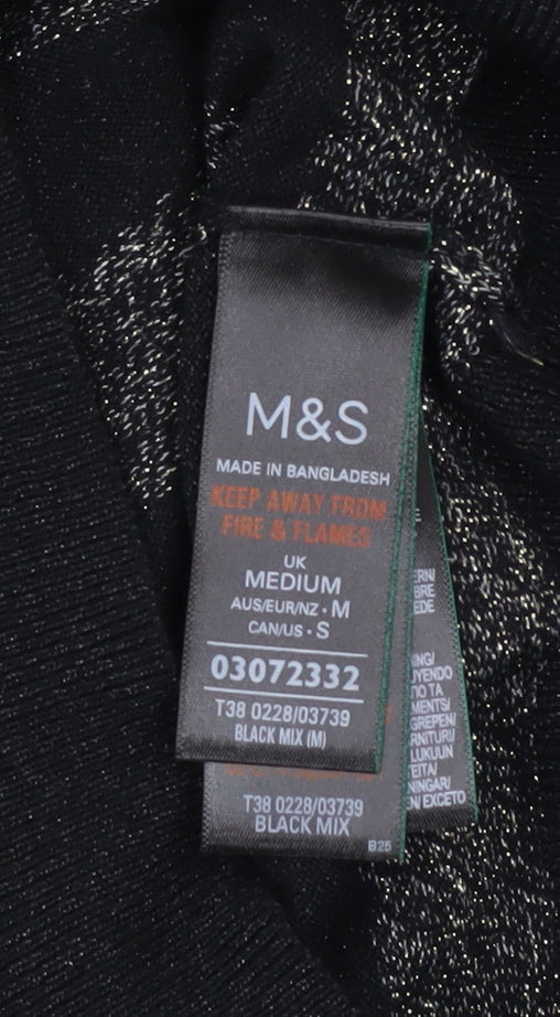 Marks and Spencer Womens Black Striped V-Neck Metallic Knit Jumper Size M
