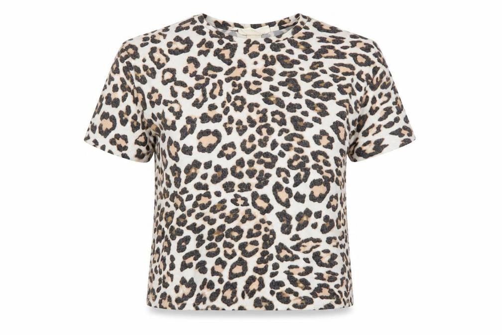 Front view of H&M women’s beige animal print short sleeve basic t-shirt xs
