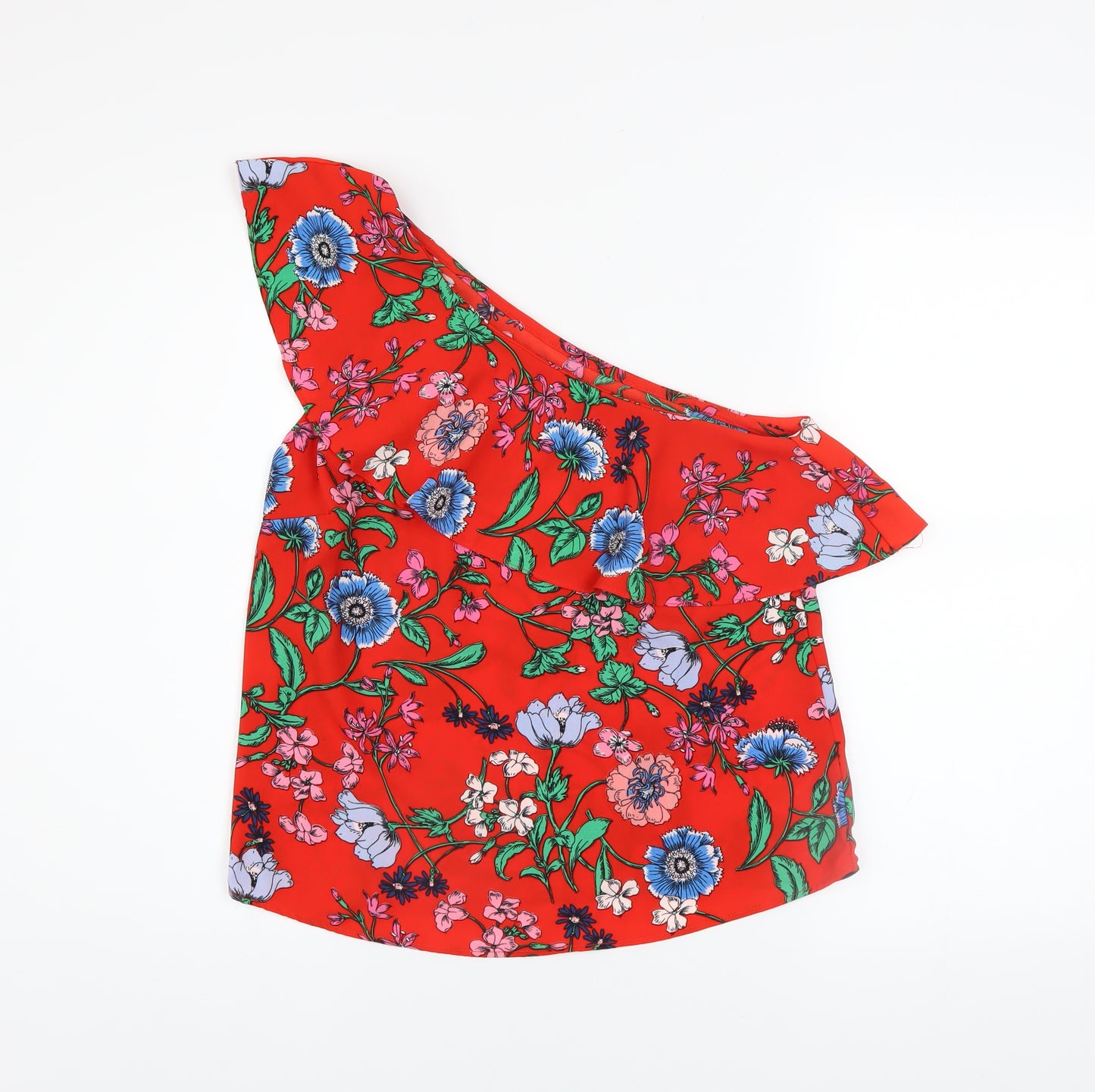 New Look Women Red Floral One Shoulder Ruffle Blouse Size 8