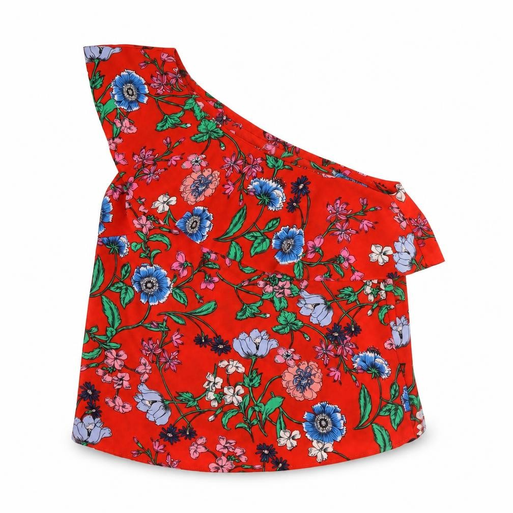 New Look Women Red Floral One Shoulder Ruffle Blouse Size 8
