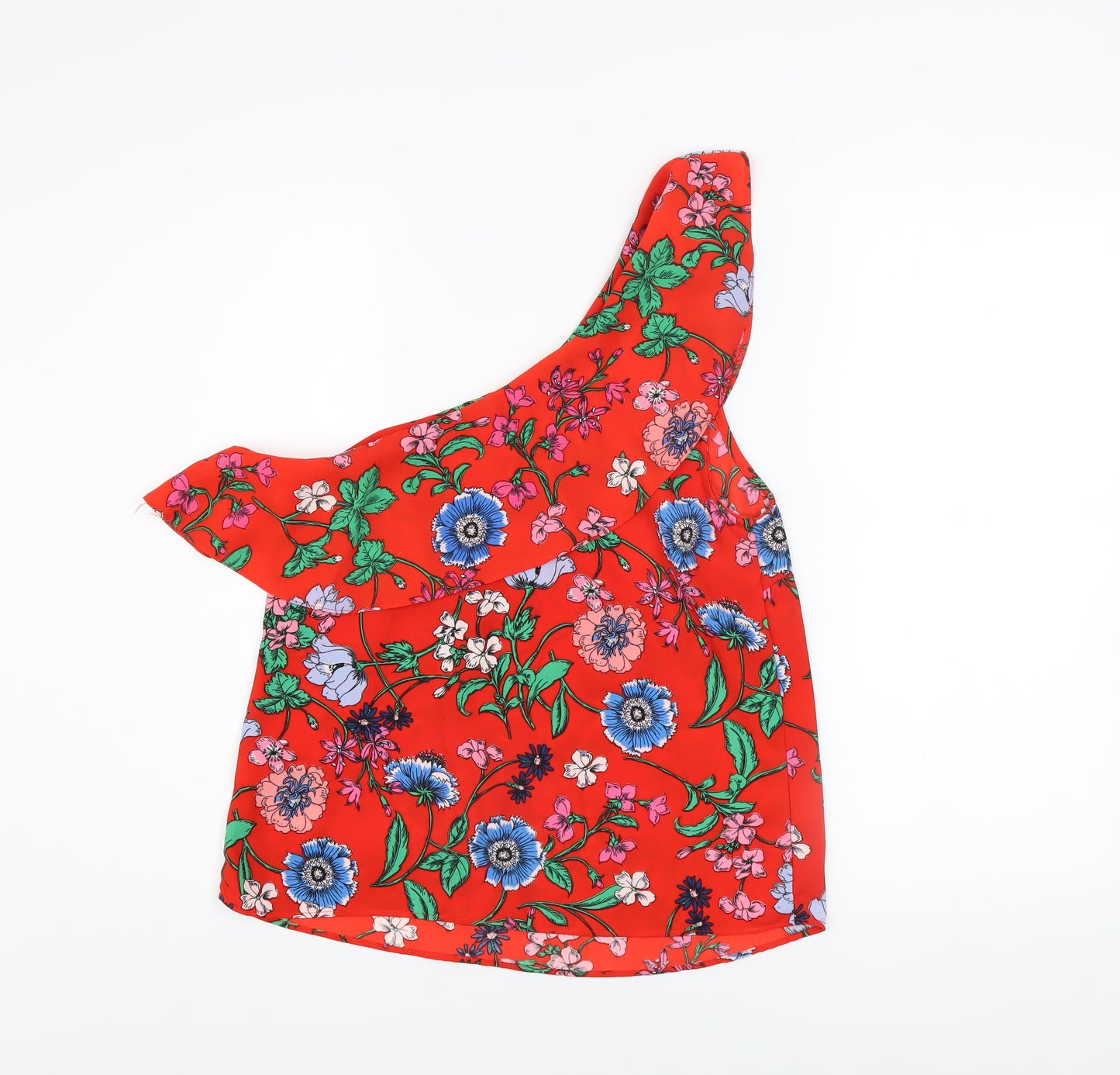 New Look Women Red Floral One Shoulder Ruffle Blouse Size 8