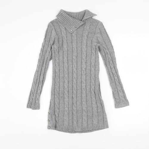 Miss Mona Mouse Girls Grey Knit Sweater Dress 7-8 Years Long Sleeve Button Collar