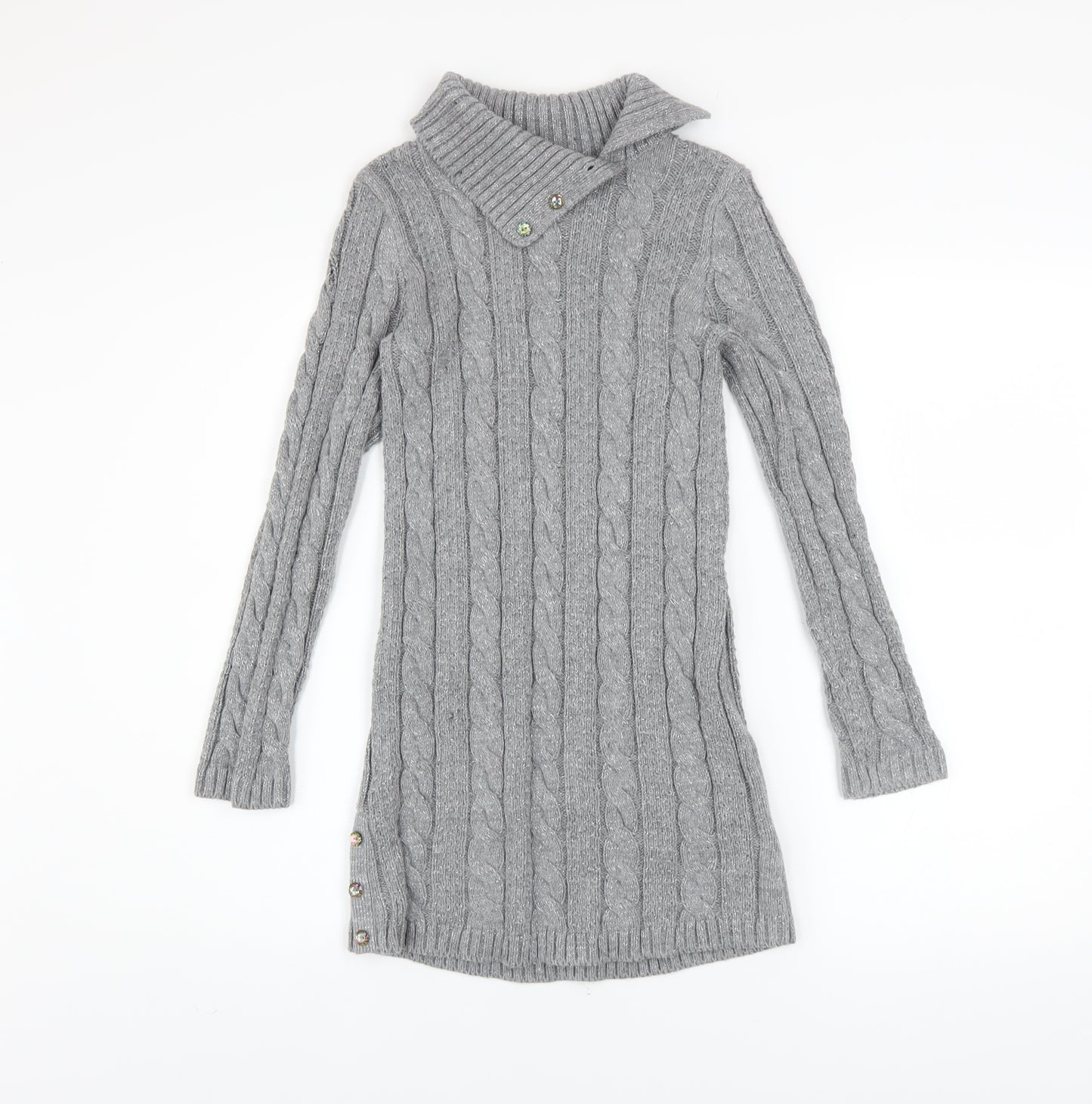 Miss Mona Mouse Girls Grey Knit Sweater Dress 7-8 Years Long Sleeve Button Collar