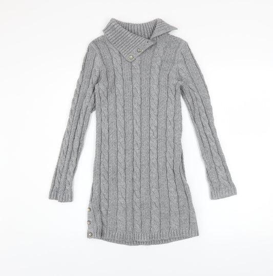 Miss Mona Mouse Girls Grey Knit Sweater Dress 7-8 Years Long Sleeve Button Collar