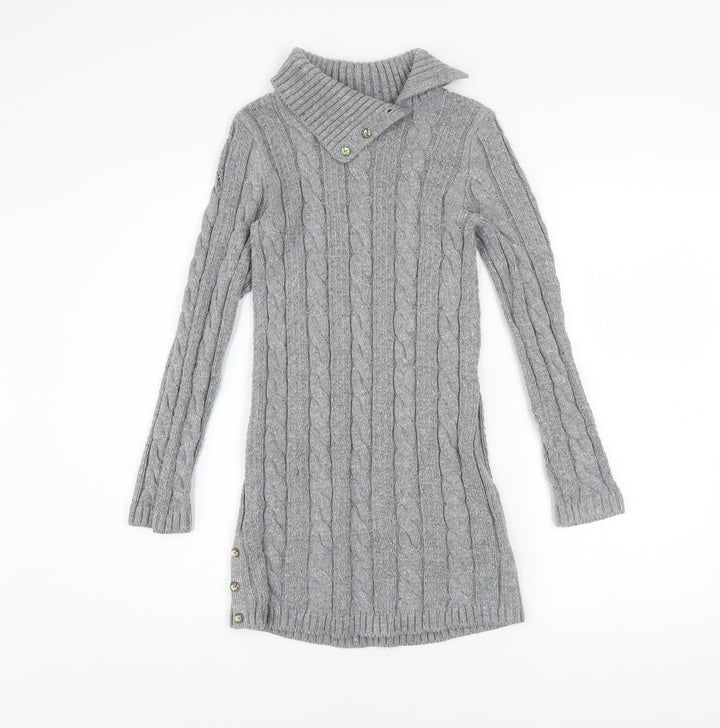 Miss Mona Mouse Girls Grey Knit Sweater Dress 7-8 Years Long Sleeve Button Collar
