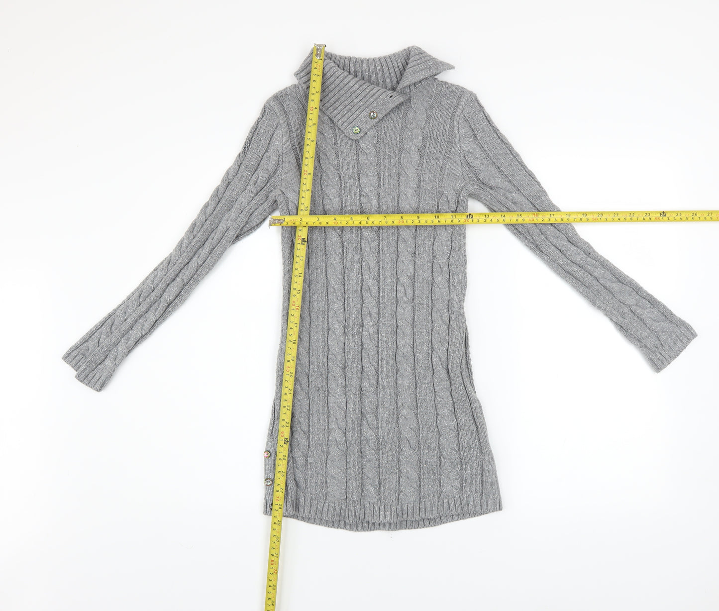 Miss Mona Mouse Girls Grey Knit Sweater Dress 7-8 Years Long Sleeve Button Collar