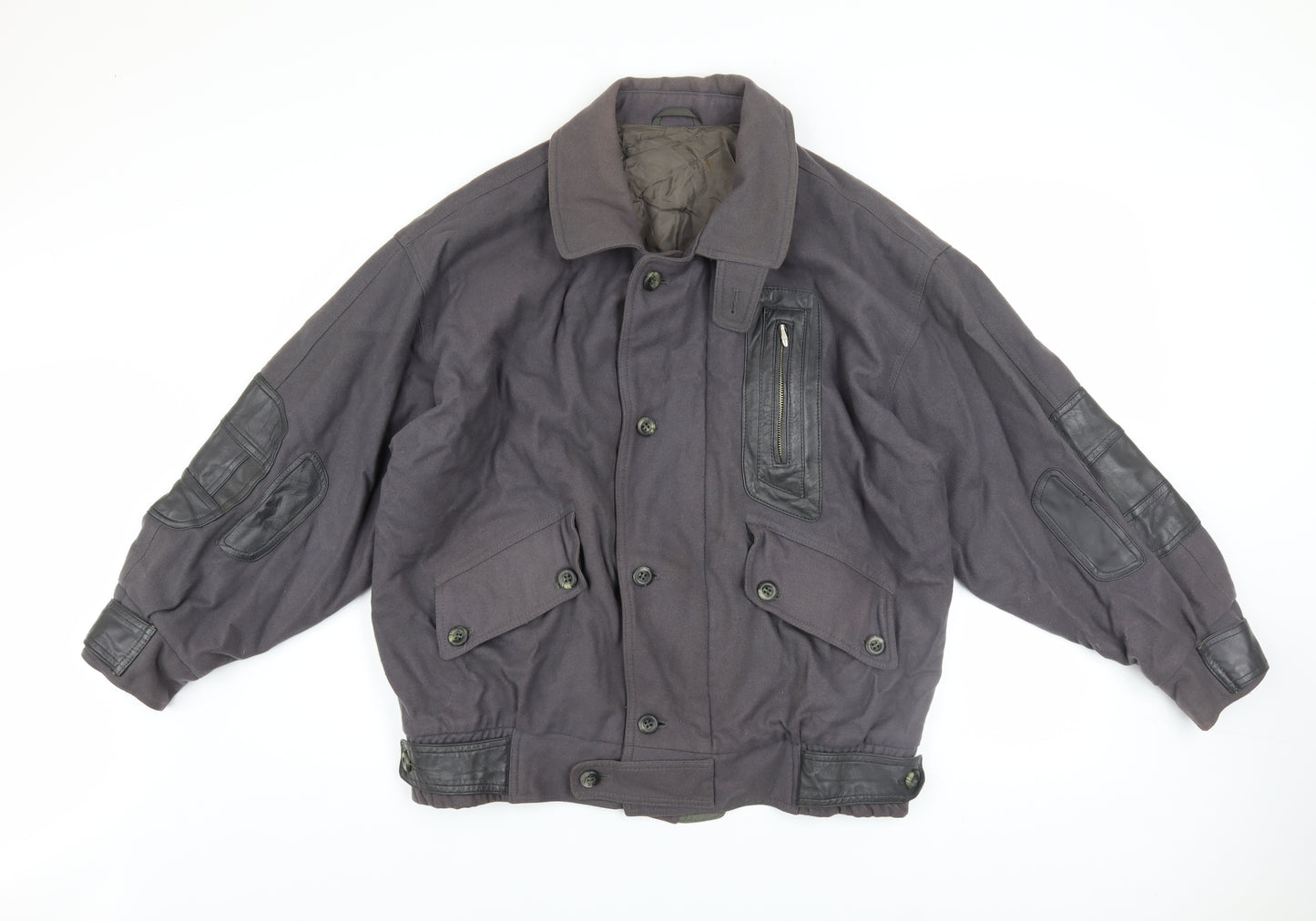 JS Styled in Italy Men's Grey Wool Bomber Jacket Size 46 with Leather Trim
