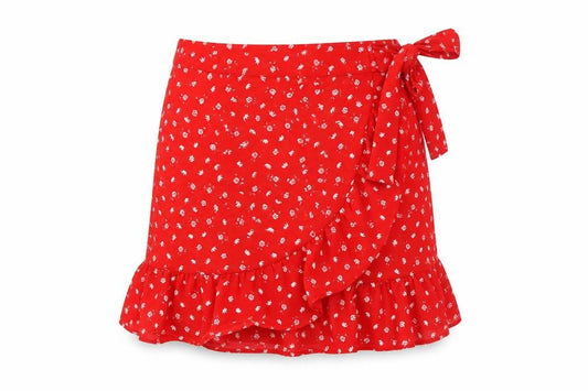 Front view of FB Sister Women's Red Floral Wrap Mini Skirt, size S