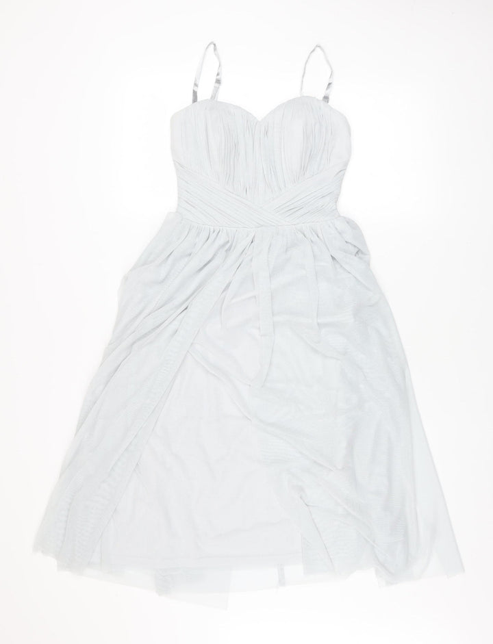 Lipsy Women White Ruched Mesh Fit & Flare Dress Size 6