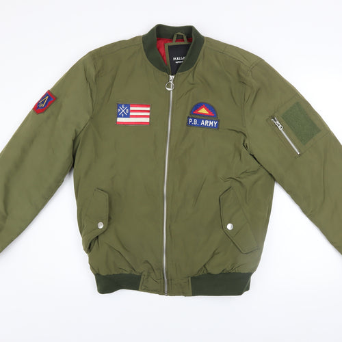 Pull & Bear Men's Green L Bomber Jacket Army Patch Nylon Zip