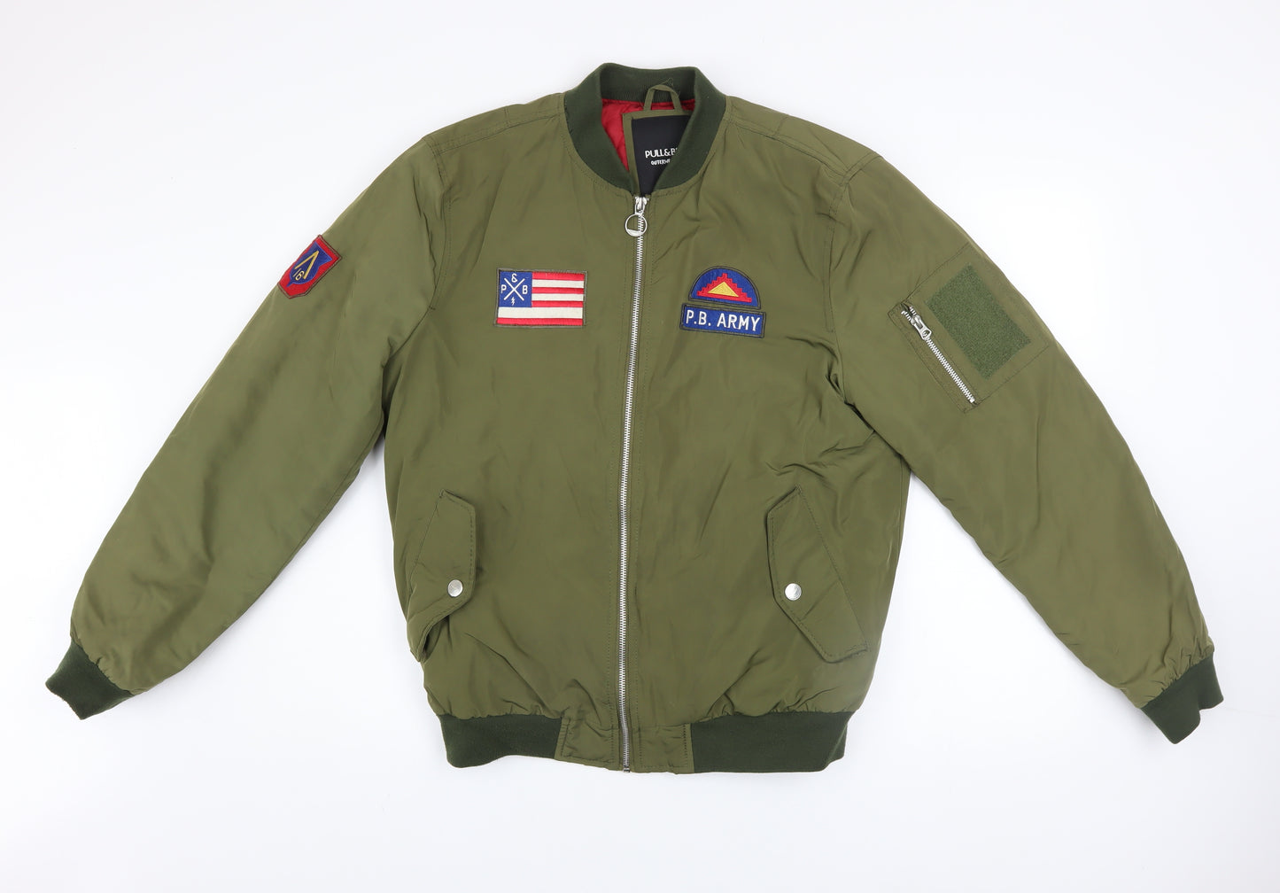 Pull & Bear Men's Green L Bomber Jacket Army Patch Nylon Zip