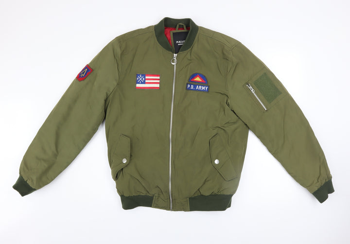 Pull & Bear Men's Green L Bomber Jacket Army Patch Nylon Zip