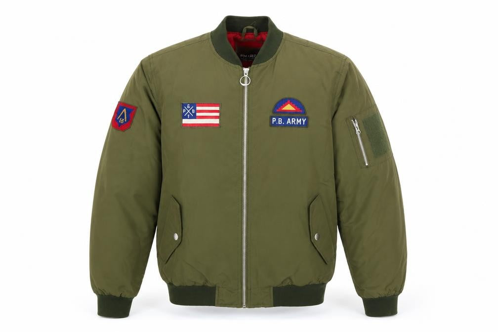 Pull&Bear Men's Green L Bomber Jacket Army Patch Nylon Zip