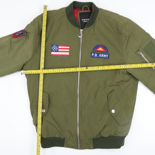 Pull & Bear Men's Green L Bomber Jacket Army Patch Nylon Zip