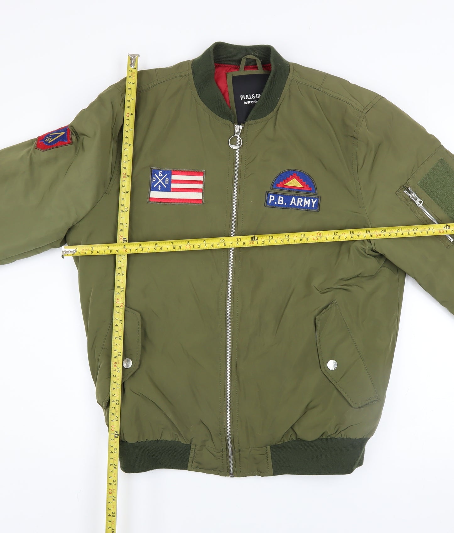 Pull & Bear Men's Green L Bomber Jacket Army Patch Nylon Zip