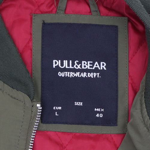 Pull & Bear Men's Green L Bomber Jacket Army Patch Nylon Zip