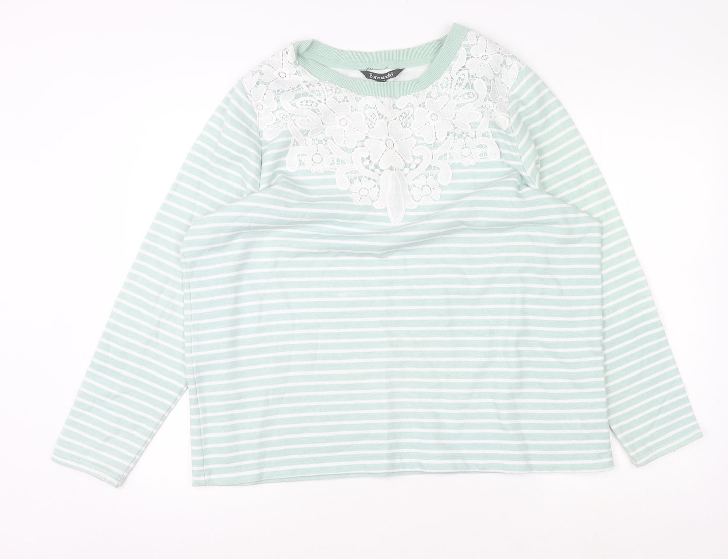 Bonmarché Women's Green Striped Lace Crew Neck Jumper Size 18