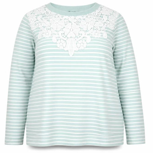 Bonmarché Women's Green Striped Lace Crew Neck Jumper Size 18