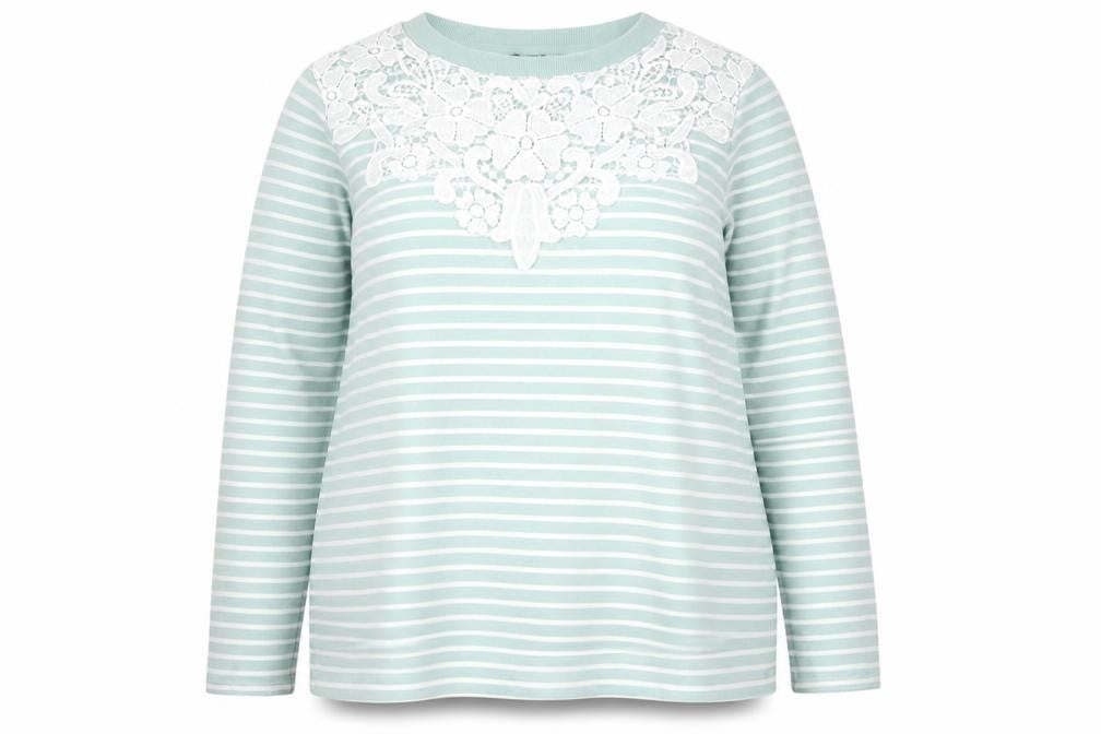 Bonmarché Women's Green Striped Lace Crew Neck Jumper Size 18