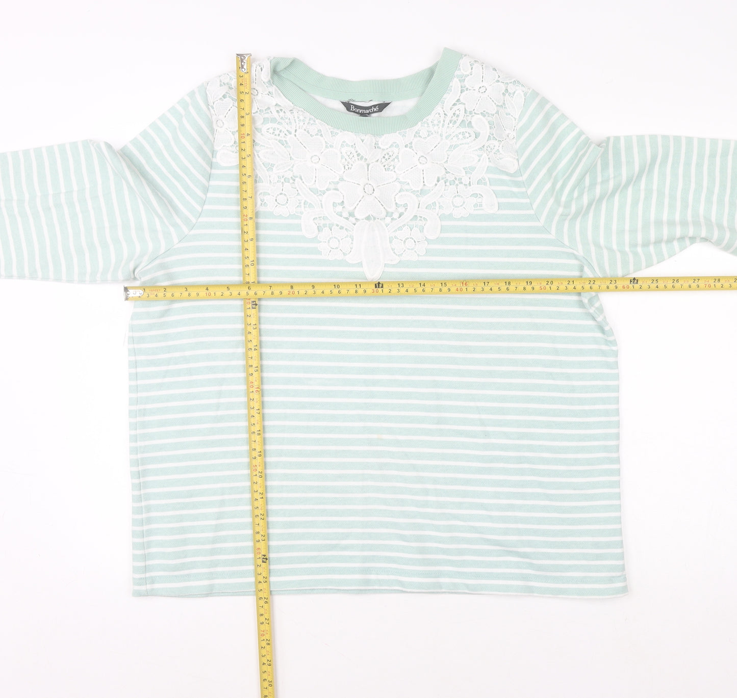 Bonmarché Women's Green Striped Lace Crew Neck Jumper Size 18