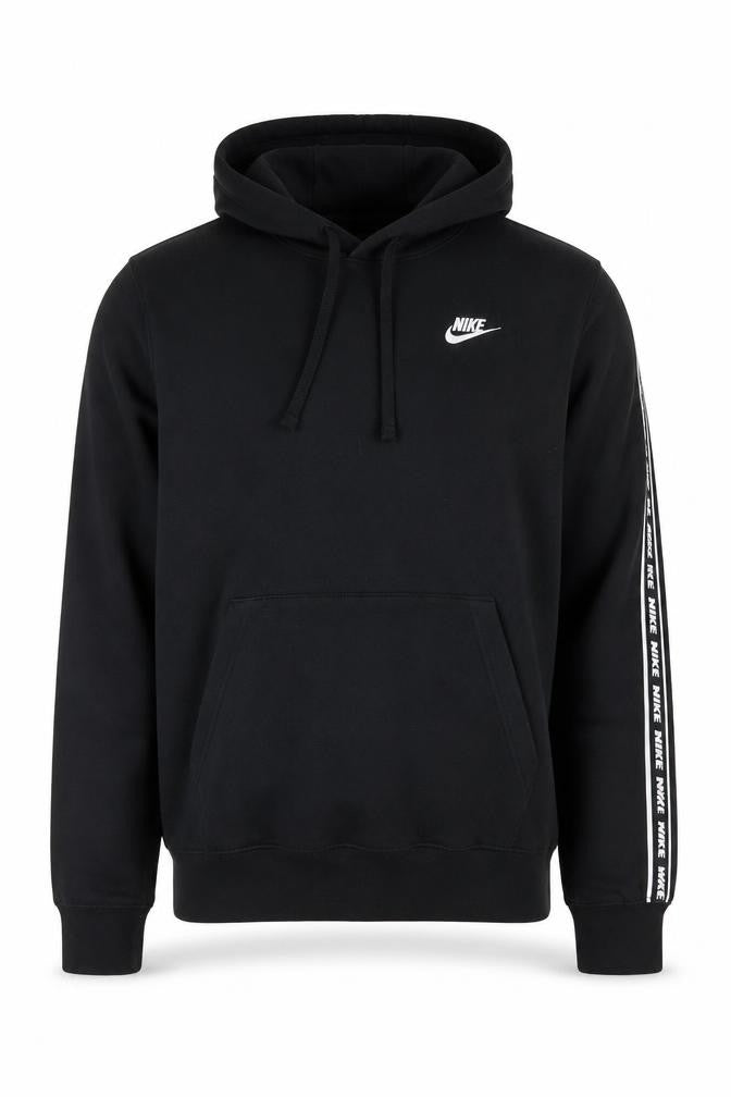 Front view of Nike Men's Black Pullover Hoodie with Logo Tape, size S