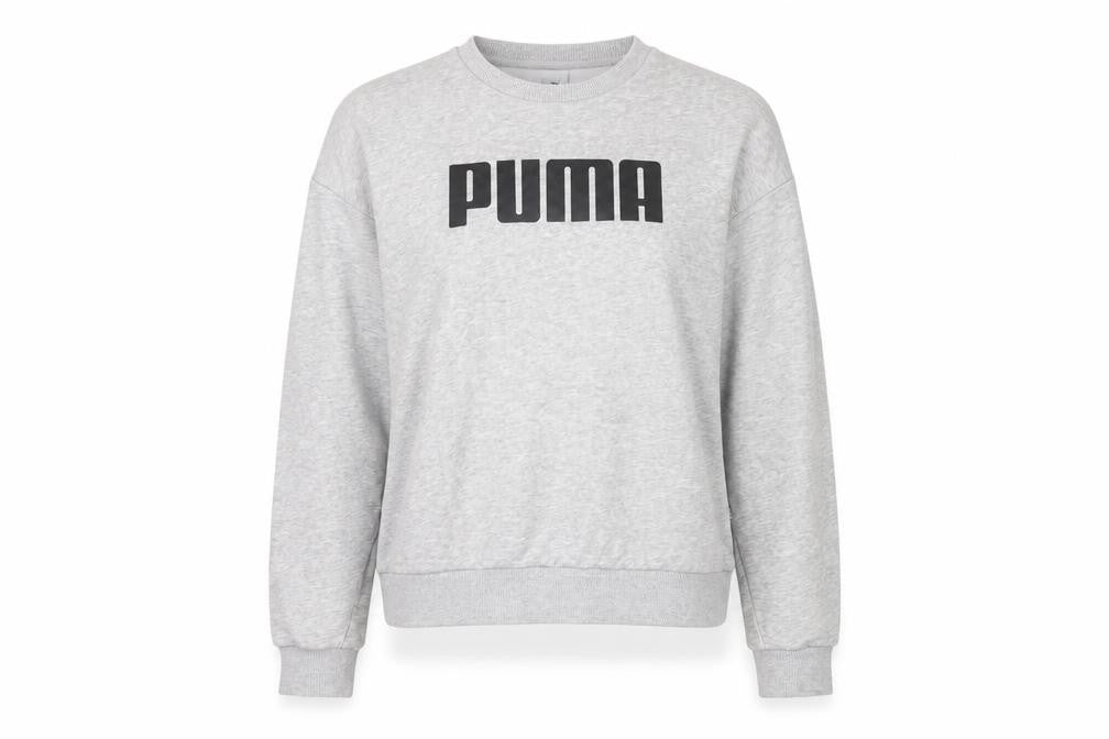 Front view of Puma women’s grey crew neck pullover sweatshirt, size UK 10